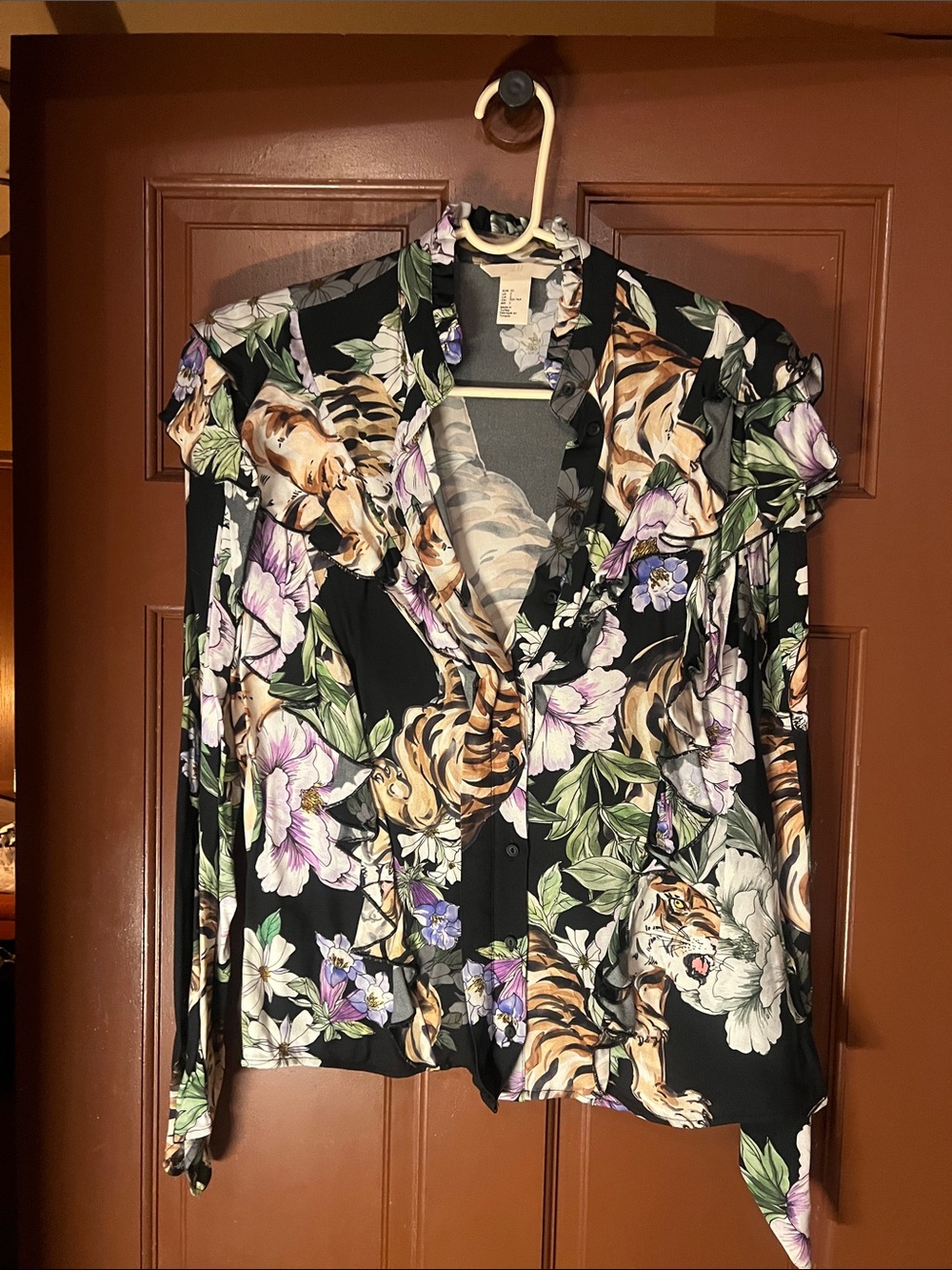 Floral & Tiger Print Black Button-Up Blouse
